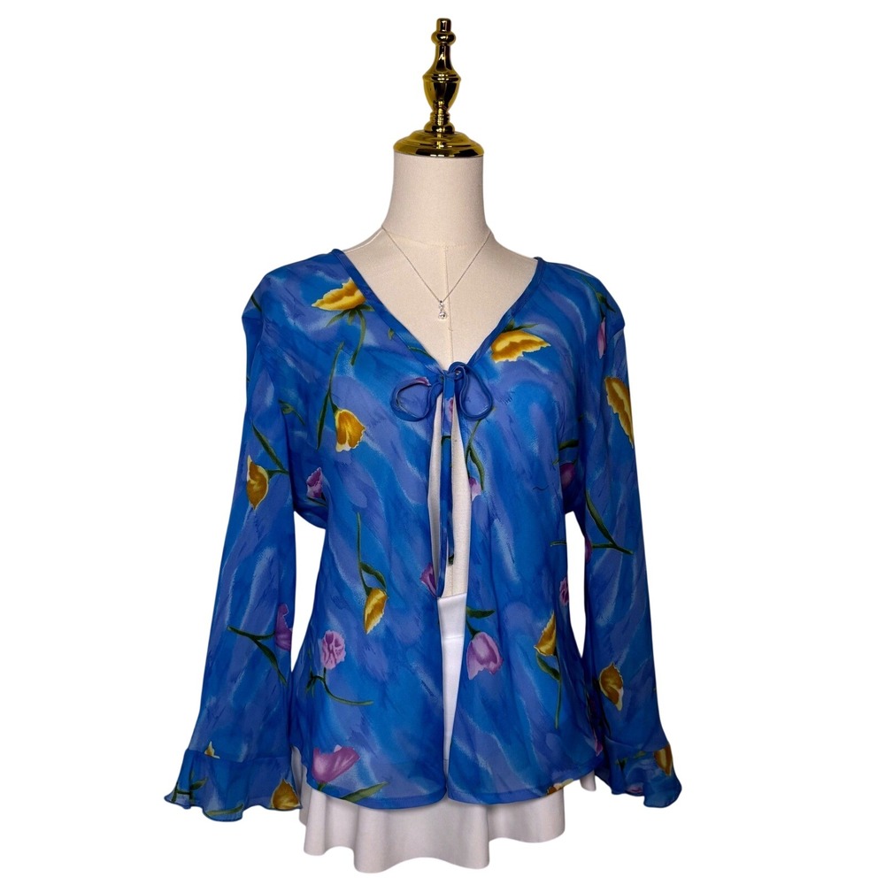 1990s world trends open front blue floral cardigan cottage fairy ruffle whimsy